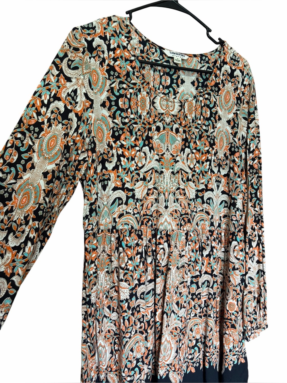 Boho Paisley Tunic Top in Black, Orange & Teal